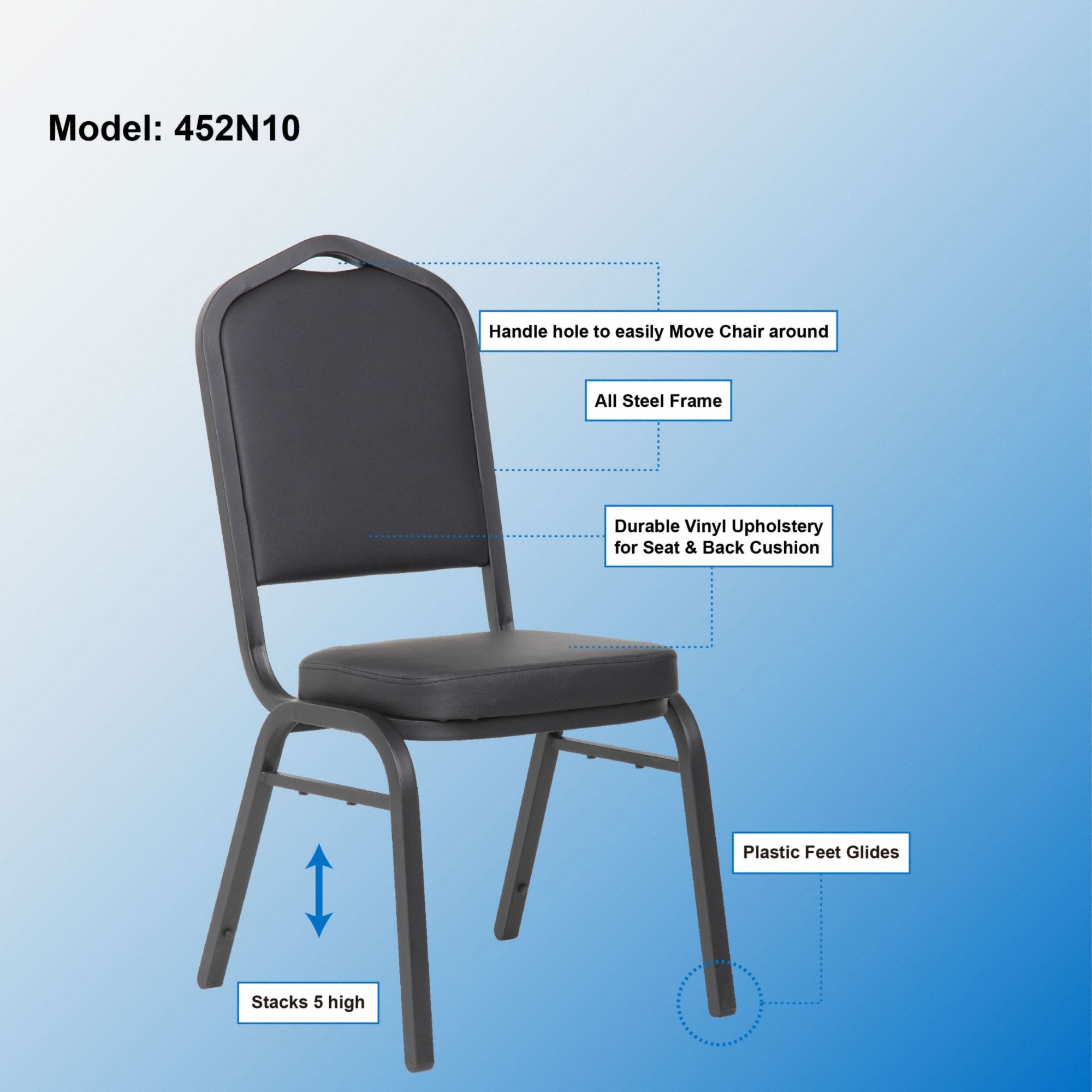 Stacking Chair: Faux Leather Seat, Vinyl, Metal Frame, Seat Color Black, Armless