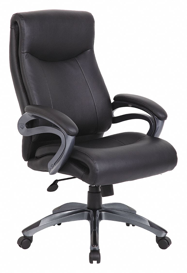 Office Chair: Black, Leather Material, 29 1/2 in Back Ht, 21 in Seat Wd, Black Frame