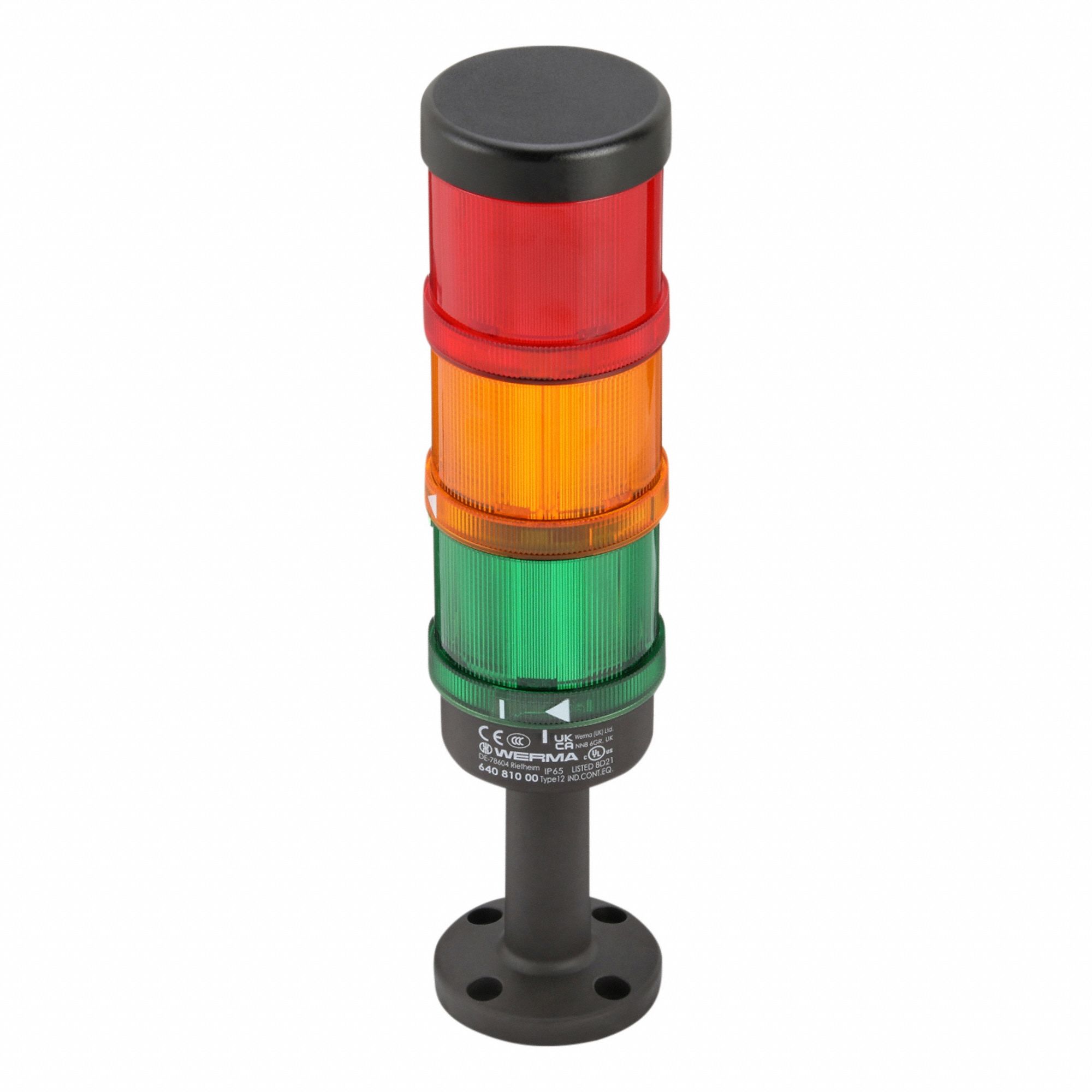 Tower Light Assembly: 3 Tier, Green/Red/Yellow, No Sounder Tier, 212 mm Overall Ht, 64900002