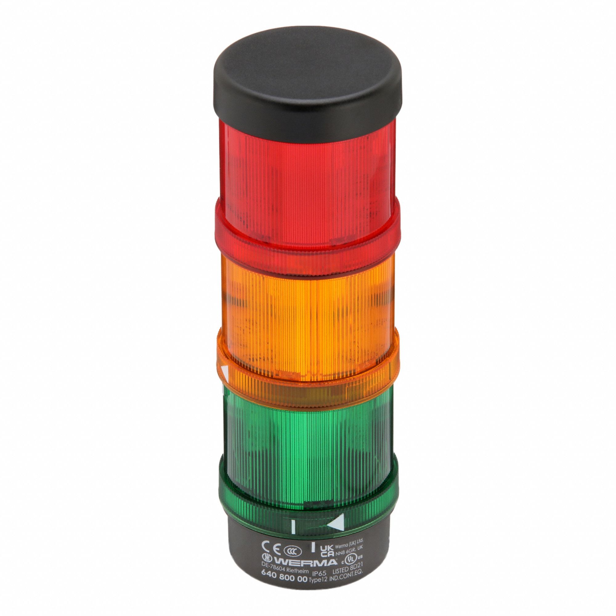 Tower Light Assembly: 3 Tier, Green/Red/Yellow, No Sounder Tier, 212 mm Overall Ht, 64924002
