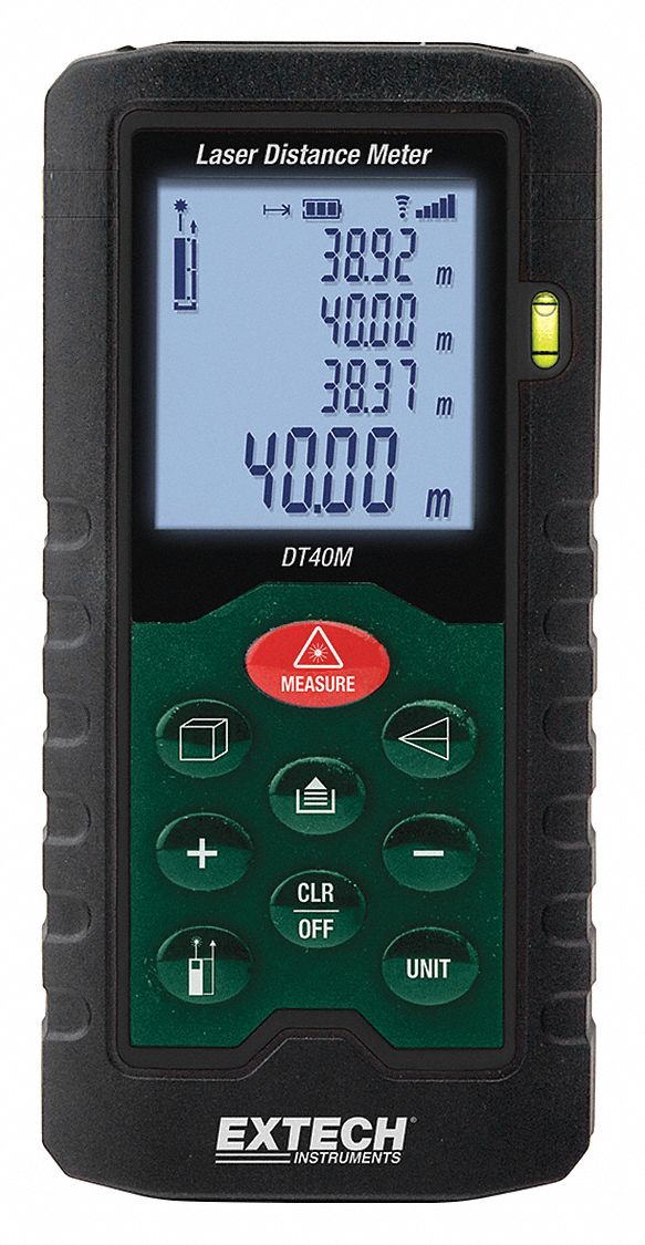 Laser Distance Meter: Inch/Metric, 2 in – 131 ft, ± 0.08 in, AAA, Rubber, LCD, Red