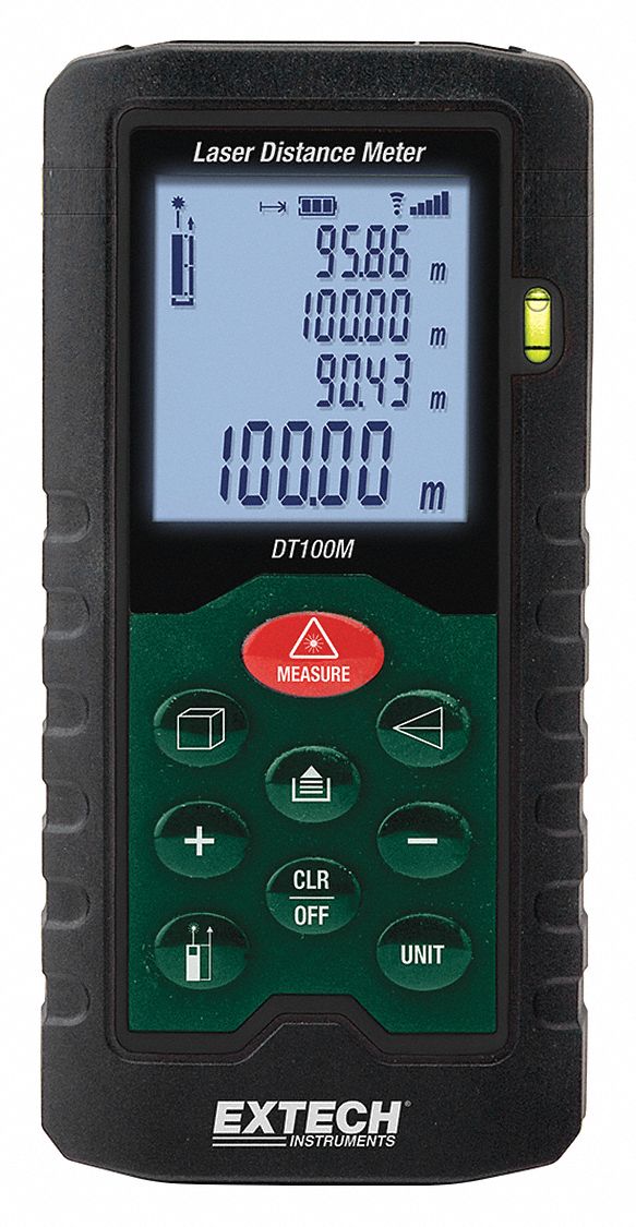 Laser Distance Meter: Inch/Metric, 2 in – 330 ft, ± 0.08 in, AAA, Rubber, LCD, Red