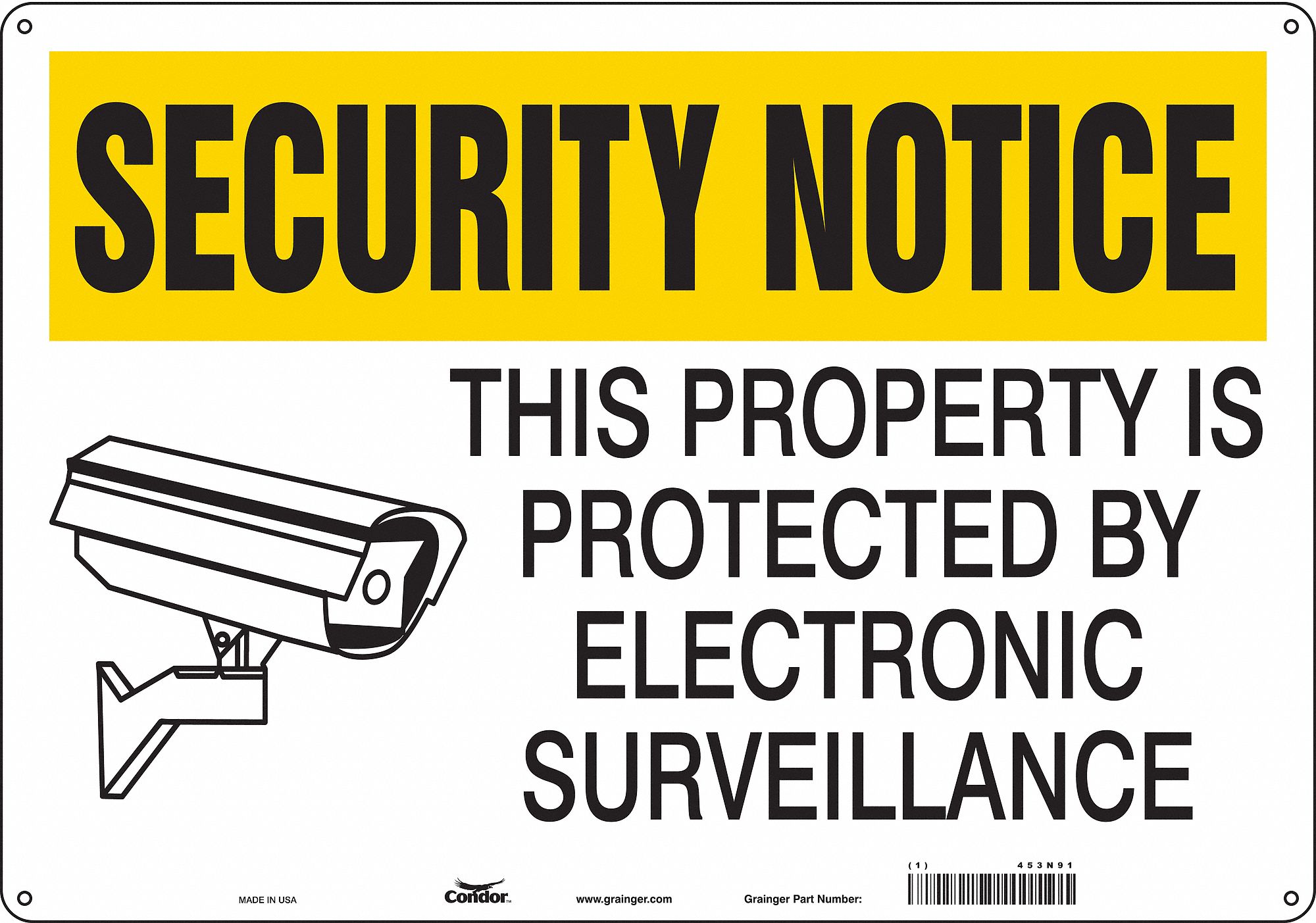 SAFETY SIGN, ALUMINUM, HOLE MOUNT, 14 X 20 IN, 0.032 IN THICK, THIS PROPERTY IS PROTECTED BY ELECTRONIC SURVEILLANCE