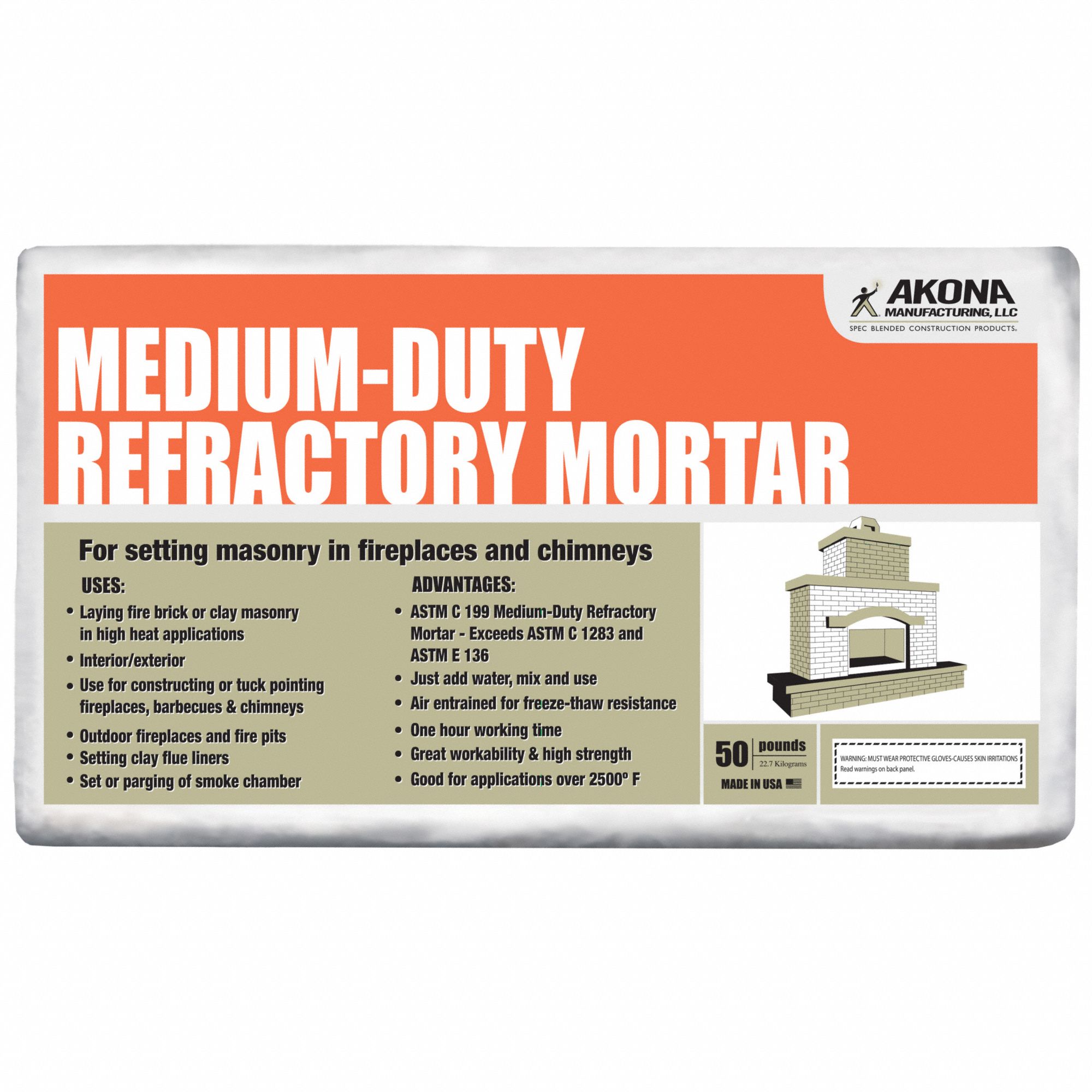 Refractory Mortar: Medium Duty Refractory Mortar, 50 lb Container Size, Bag, Mortar