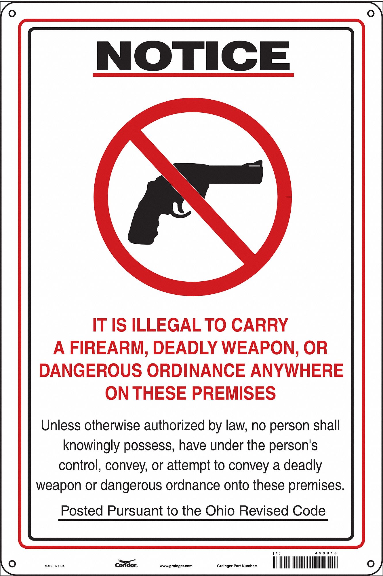 CONDOR Plastic, No Concealed Weapons Sign, Notice, 12