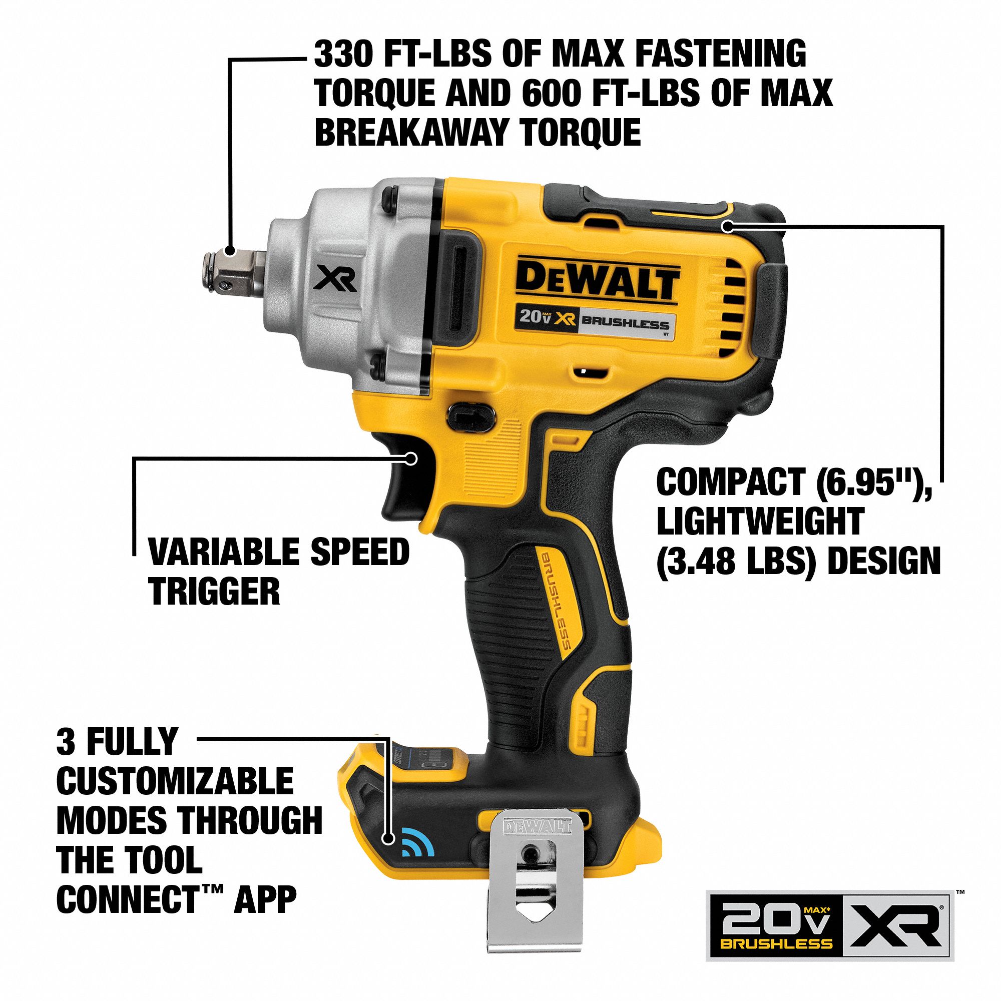 DEWALT Impact Wrench: 1/2 in Square Drive Size, 330 ft-lb Fastening ...