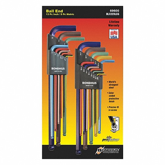 Hex Key Set: L, Metric/SAE, Extra Long, 22 Pieces, Alloy Steel, Color Coded, 1 Tips, 3 in
