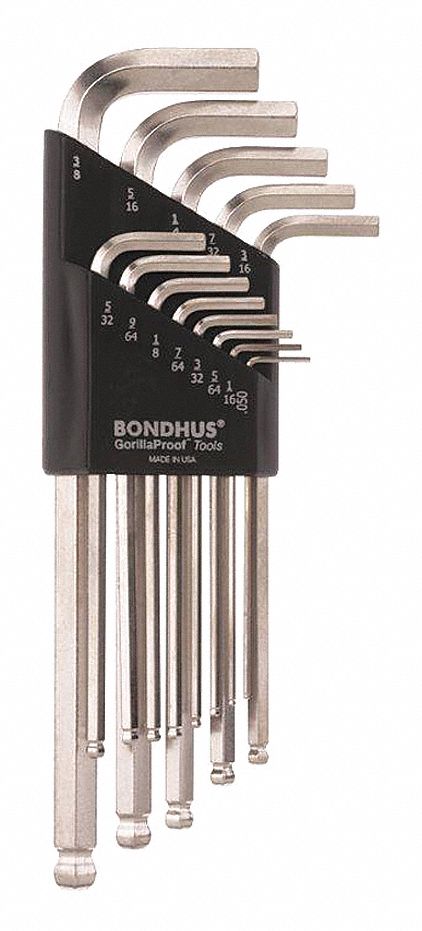 HEX KEY SET, SAE, LONG, 13 PIECES, CHROME, 1 TIP, 2 21/32 IN TO 6 27/32 IN