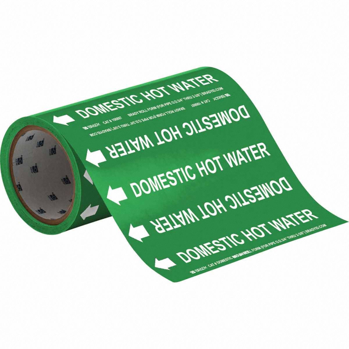 Pipe Marker: Domestic Hot Water, Green, White, Fits 2 in and Smaller Pipe O.D., 30 Pipe Markers