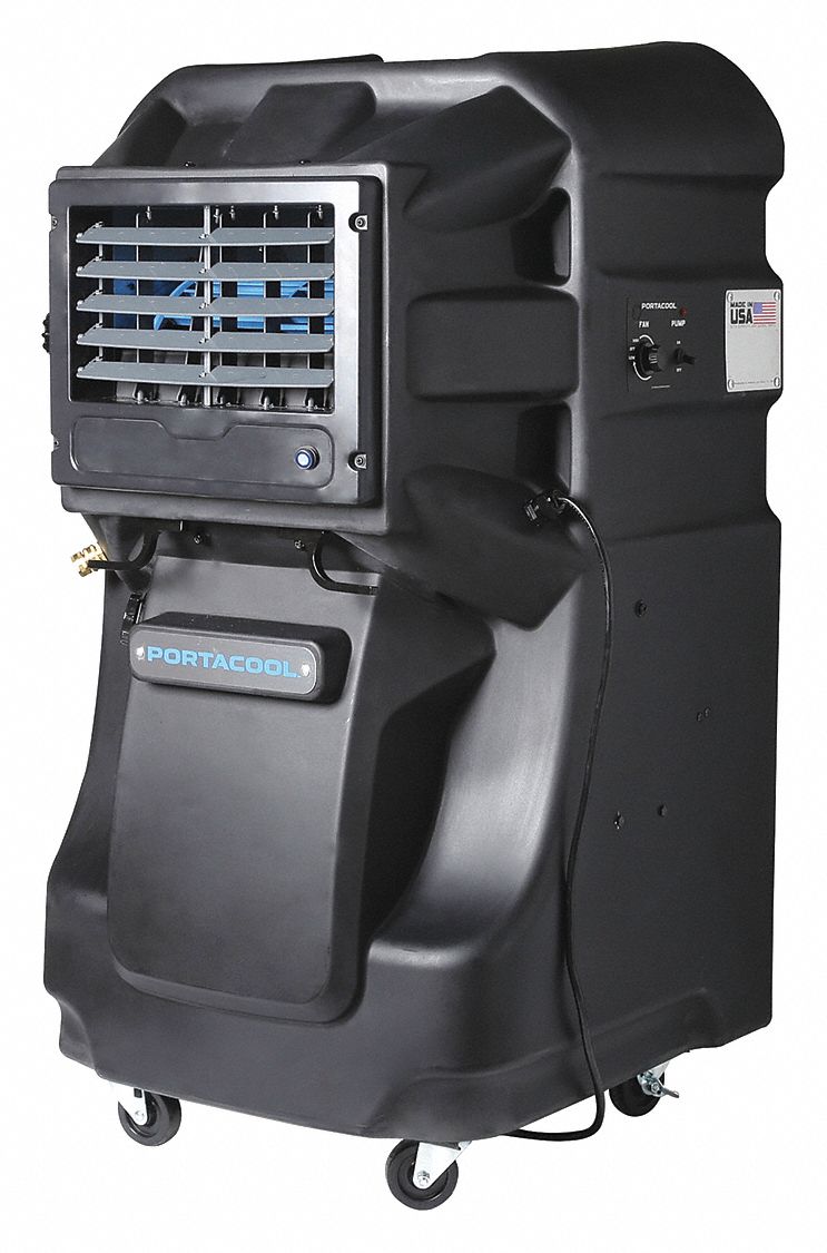 PORTABLE EVAPORATIVE COOLER, DIRECT, 900 SQ FT, 8.3A, 3600 CFM, 30GAL, 29X50X27 IN