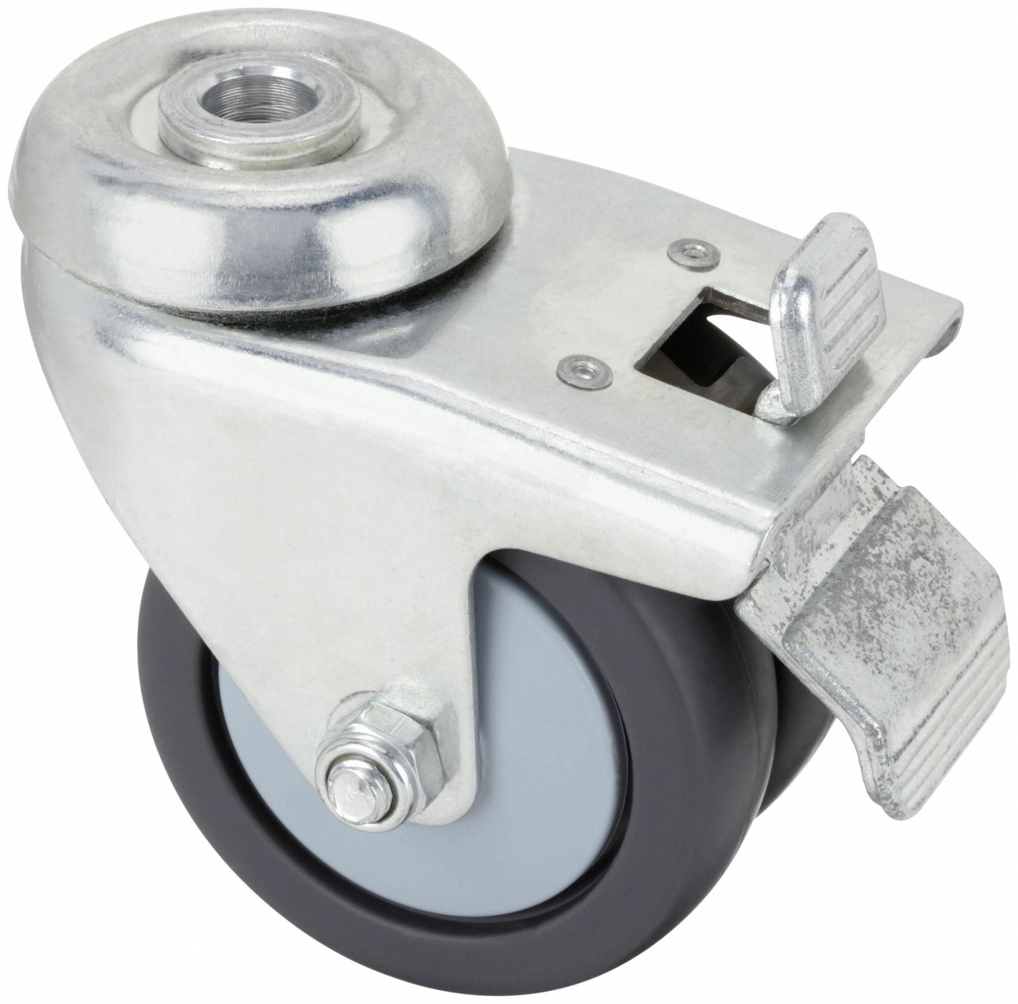 Bolt-Hole Caster: Swivel, Total Lock, Rubber, 3 in Wheel Dia., 7/8 in Wheel Wd, Gray