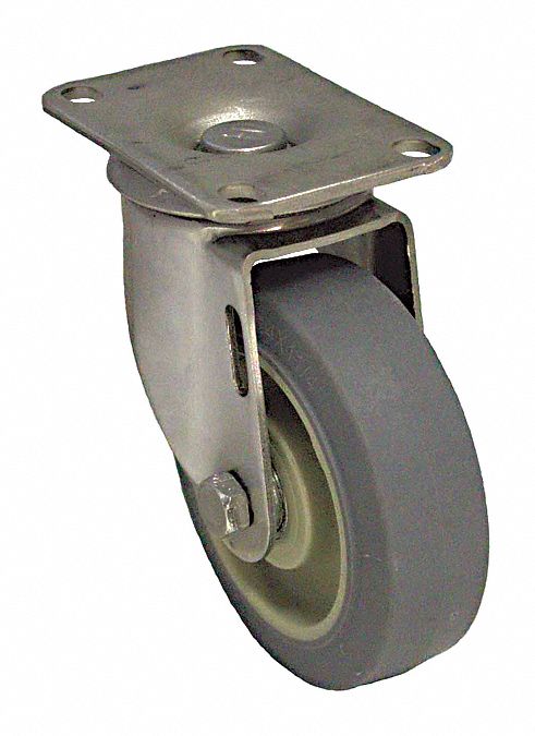Plate Caster: Corrosion-Resistant/Debris-Resistant, Swivel, Rubber, 5 in Wheel Dia