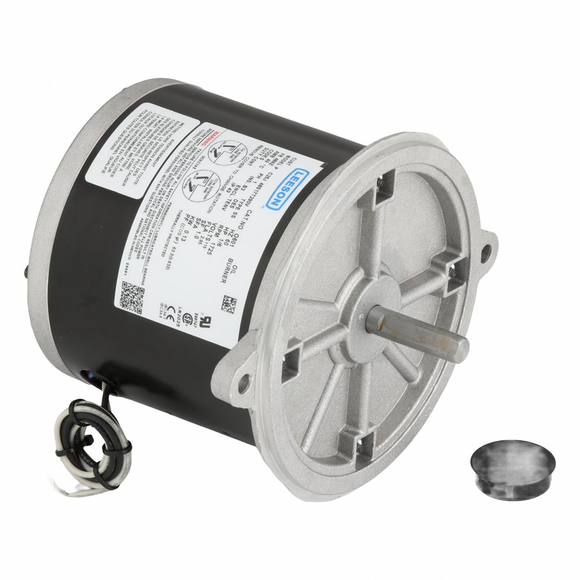 Oil Burner Motor: Split-Phase, 1/6 hp Horsepower, 1, 725 RPM RPM, 115V AC, 48NZ Frame Size