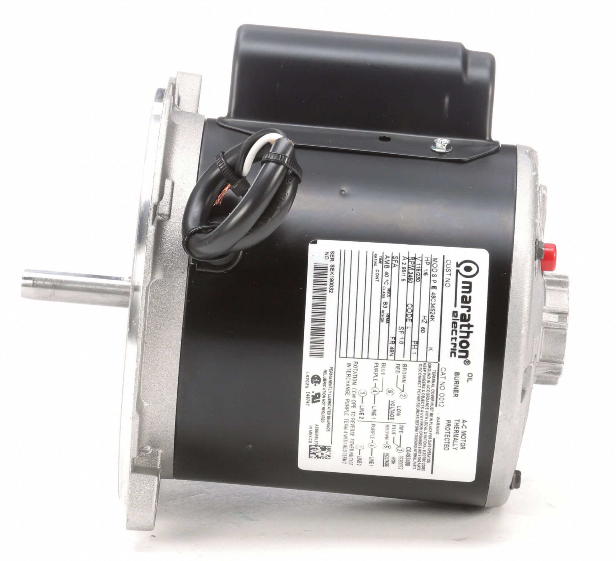 MARATHON MOTORS Oil Burner Motor: Capacitor-Start, 1/5 HP, 3,450 ...