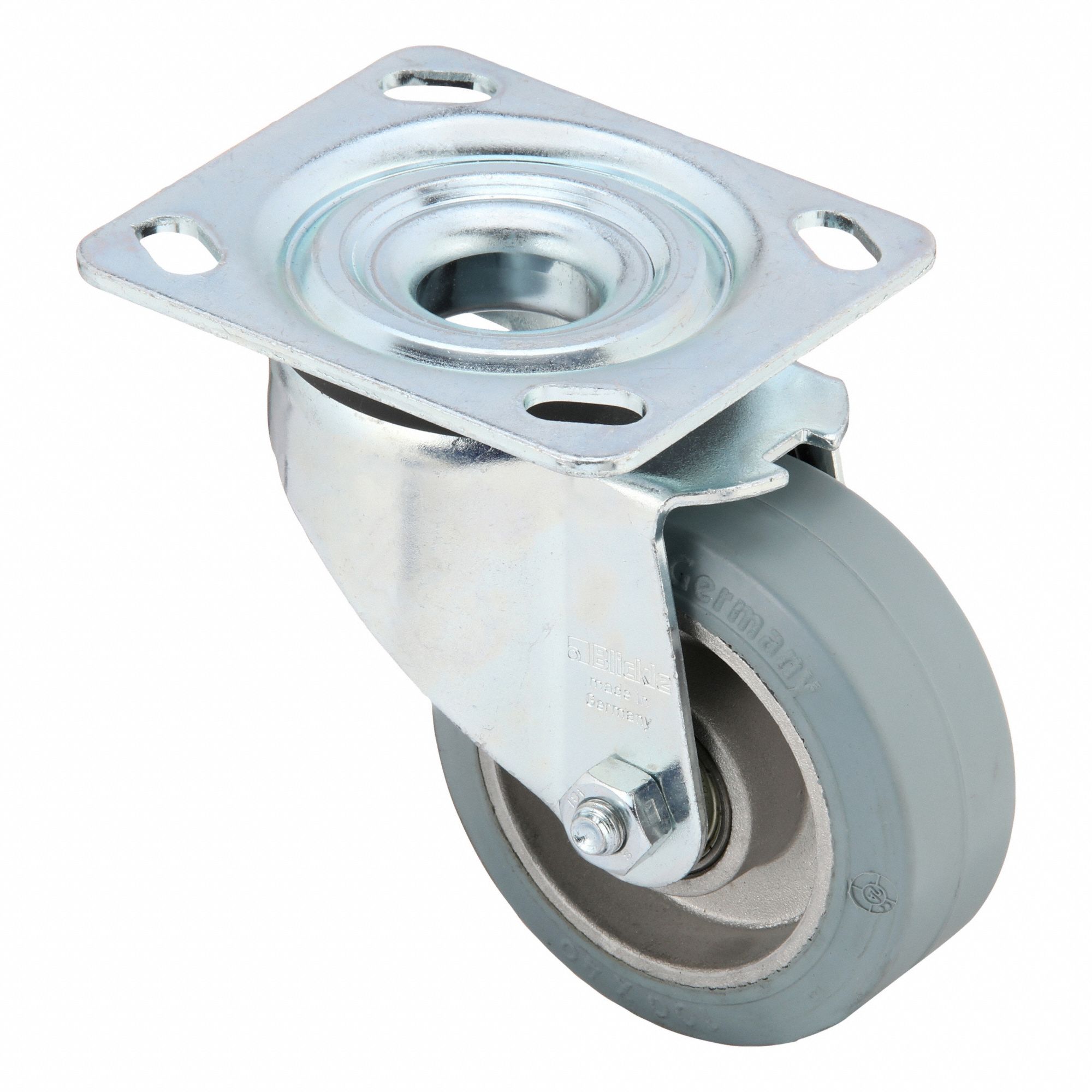 Plate Caster: Swivel, No Brake, Rubber, 4 in Wheel Dia, 1 5/8 in Wheel Wd, Slot