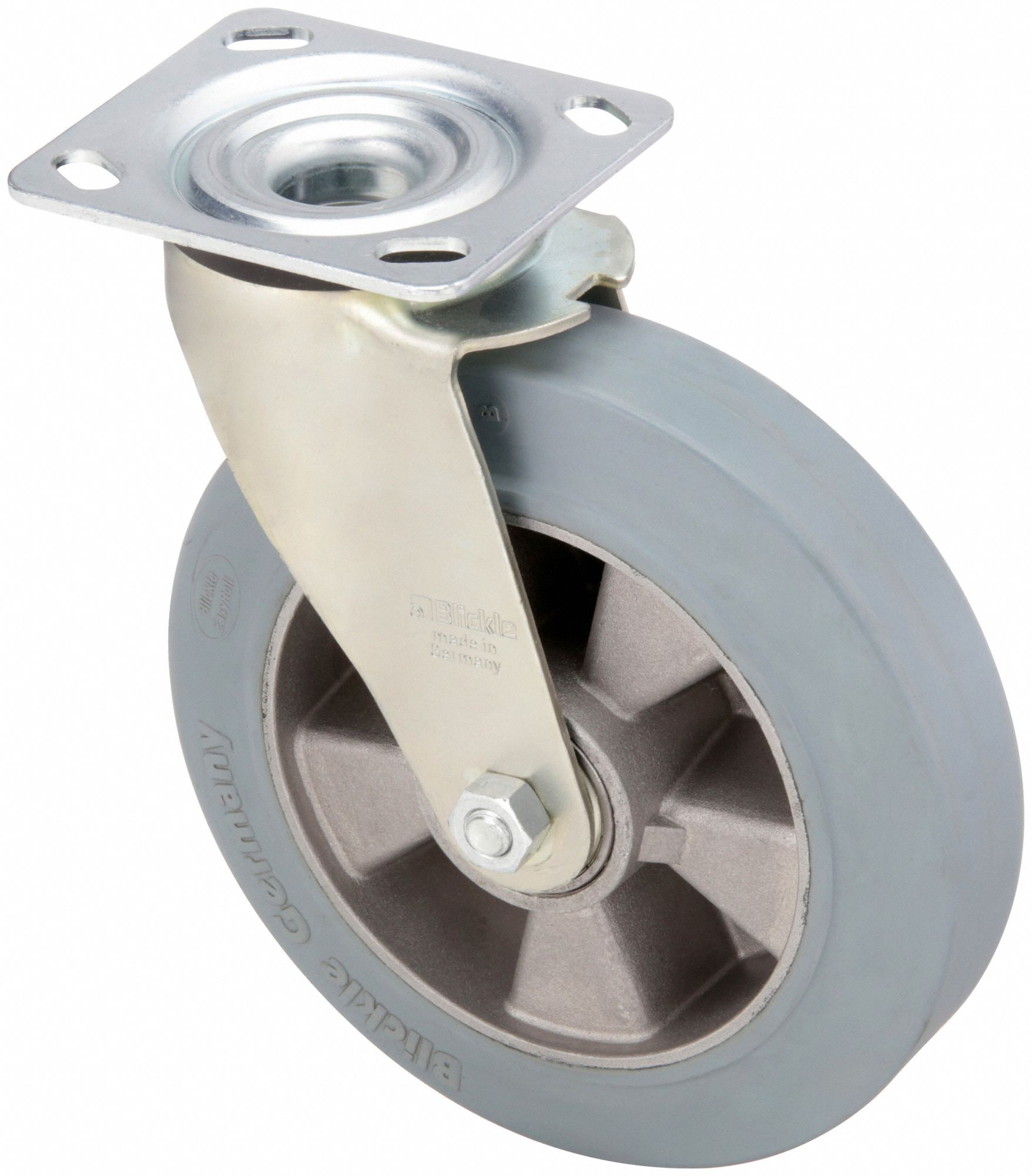 Plate Caster: Swivel, No Brake, Rubber, 8 in Wheel Dia, 2 in Wheel Wd, Slot, Ball