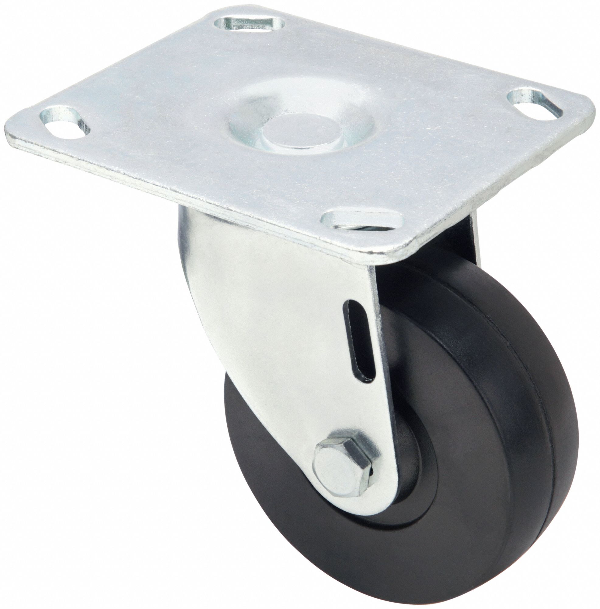 Plate Caster: Swivel, No Brake, Rubber, 3 1/2 in Wheel Dia, 1 1/4 in Wheel Wd, Slot