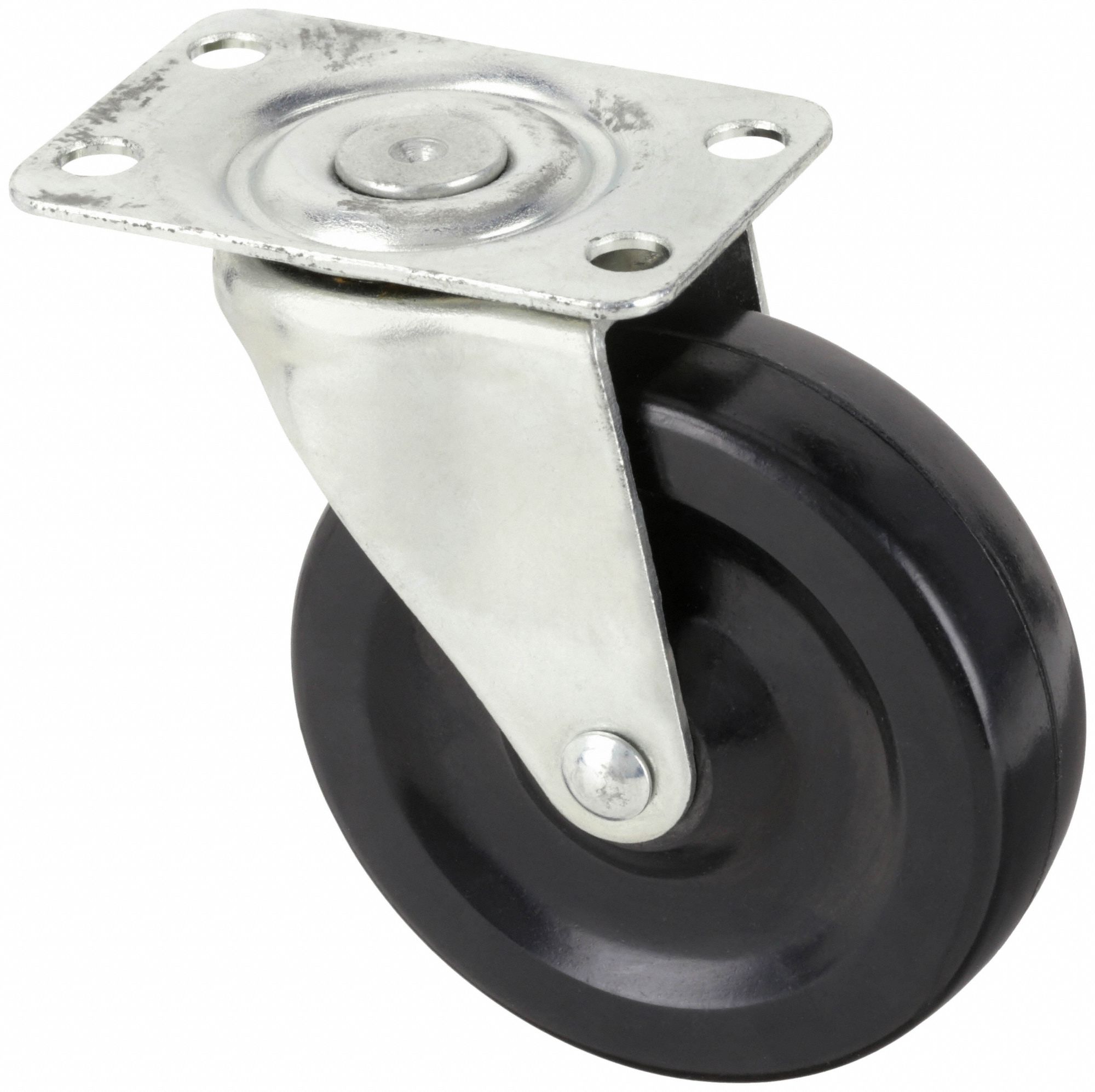 Plate Caster: Swivel, No Brake, Rubber, 3 in Wheel Dia, 13/16 in Wheel Wd, Hole