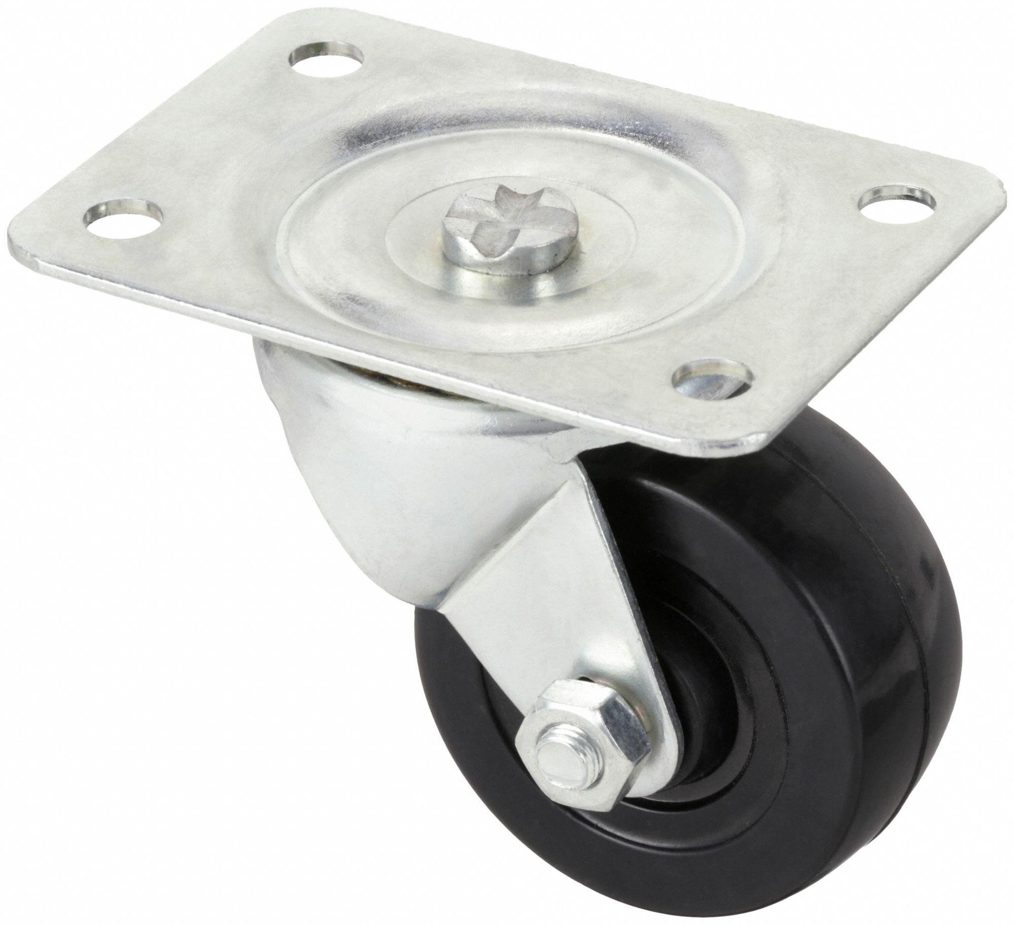 Plate Caster: Swivel, No Brake, Rubber, 2 1/2 in Wheel Dia, 1 1/16 in Wheel Wd, Hole