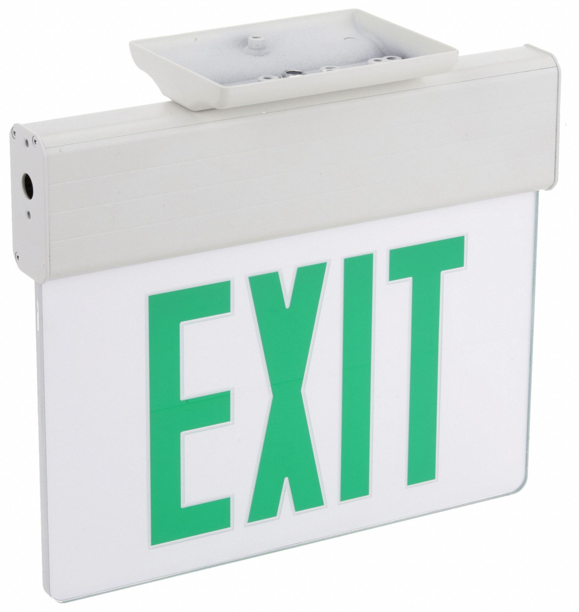 Exit Sign: 1 Faces, Green, Aluminum, Universal Field Selectable Chevrons, LED, White, Nickel Cadmium