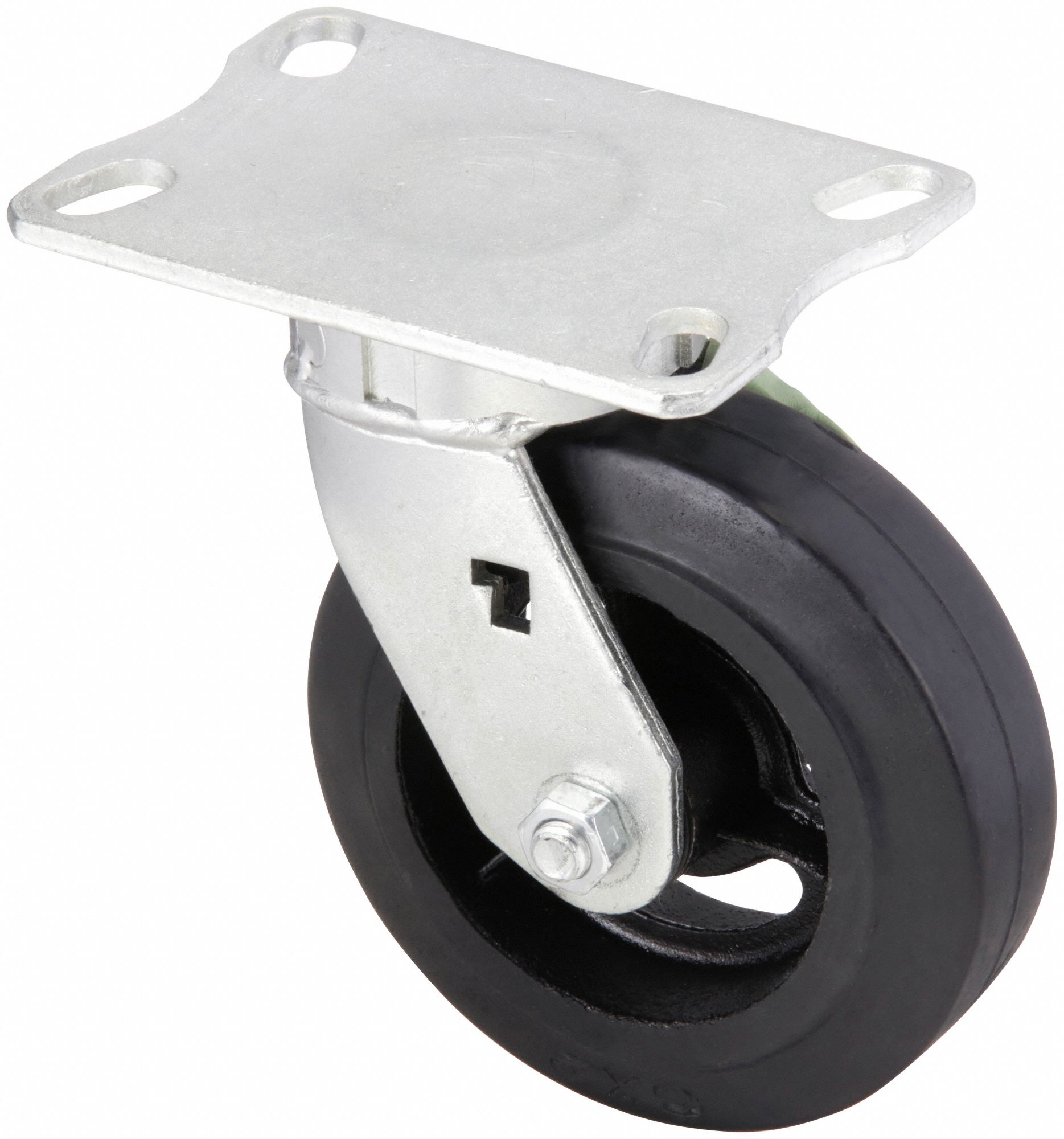 KINGPINLESS PLATE CASTER, 6 IN WHEEL DIAMETER, 500 LB, 7½ IN MOUNTING H, RUBBER