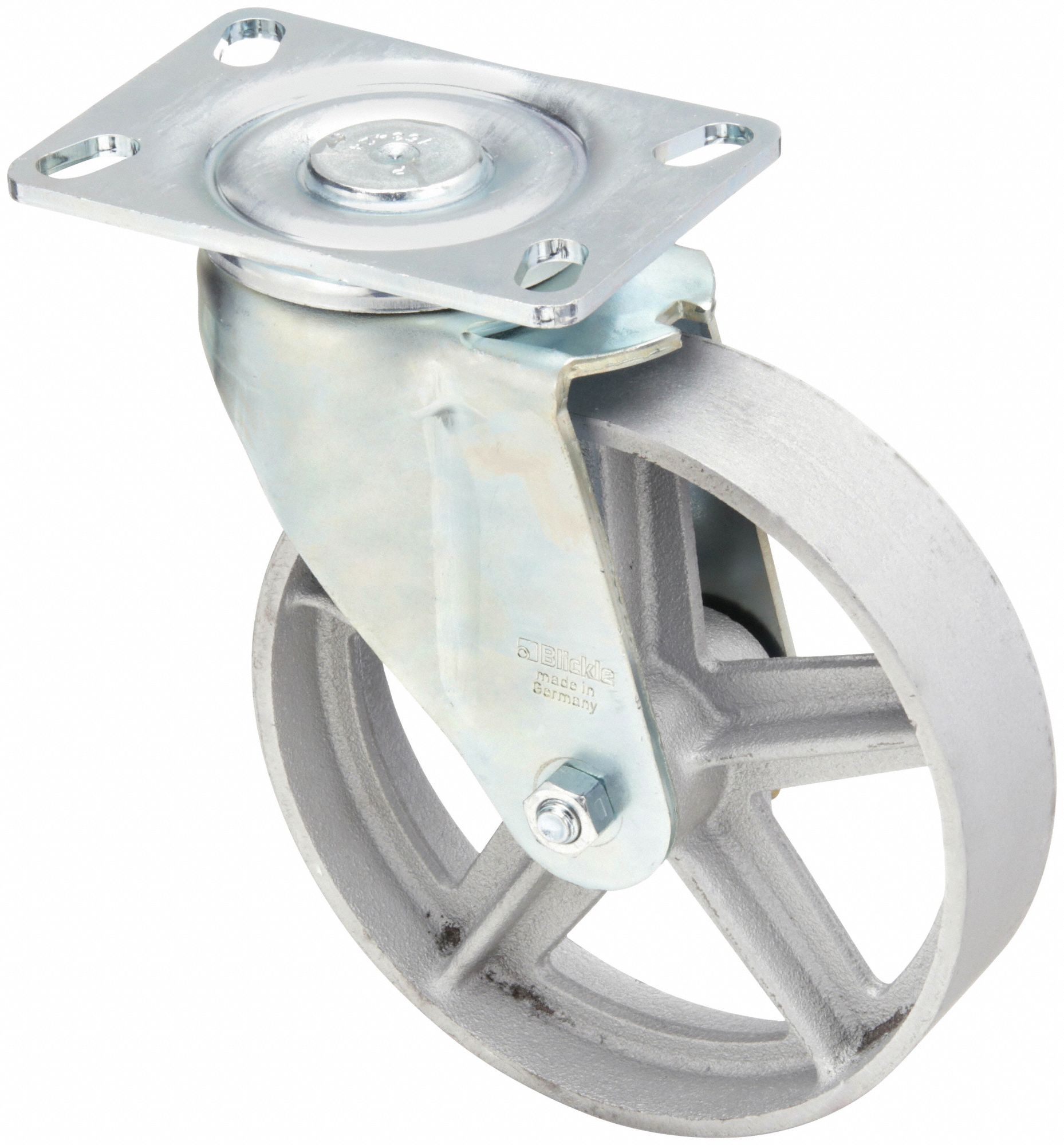 Plate Caster: Swivel, No Brake, Iron, 8 in Wheel Dia, 2 in Wheel Wd, Slot, Rectangle
