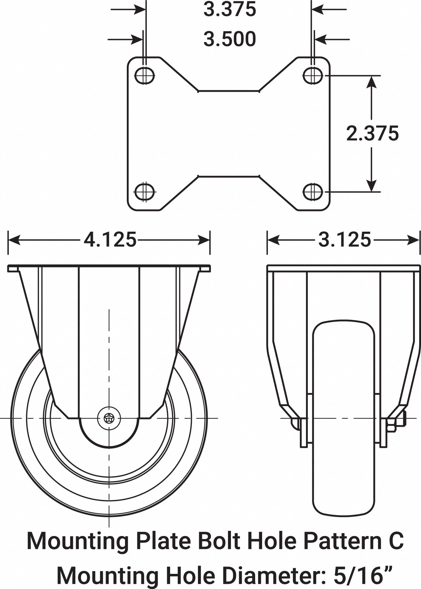 GRAINGER APPROVED Standard Plate Caster 4 in Wheel Dia., 275 lb, 5 1/8 in Mounting Ht, Rigid