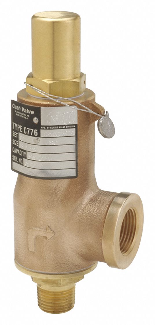 Safety Relief Valve: Bronze, Brass, 1 1/4 in x 1 1/2 in, MNPTF x FNPTF, 30 psi to 514 psi