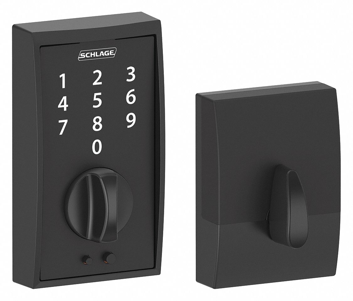 Electronic Keyless Lock: 1 3/4 in Door Thick - Max, Push Button, Black