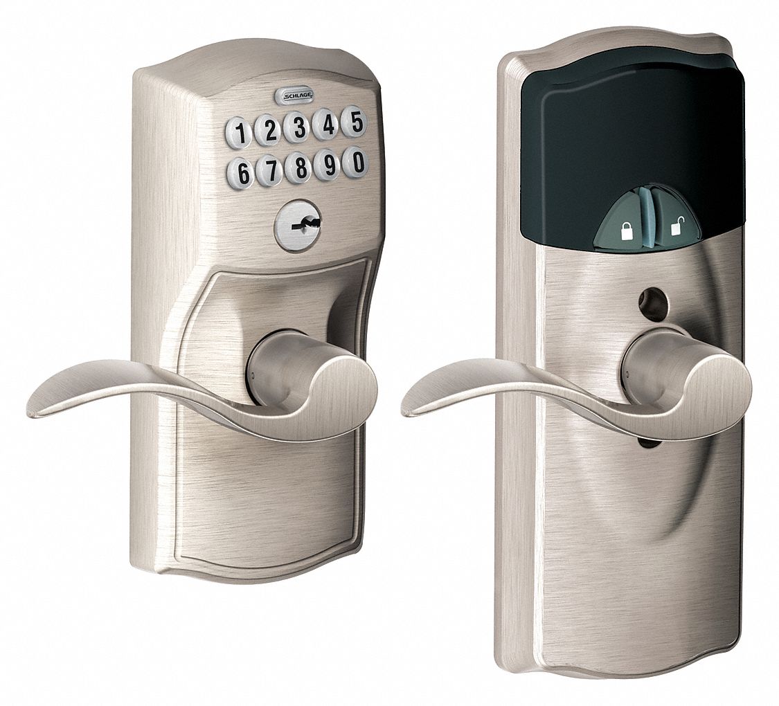 SCHLAGE RESIDENTIAL Electronic Lock, 23/8 in to 23/4 in Backset, Cylindrical, Satin Nickel