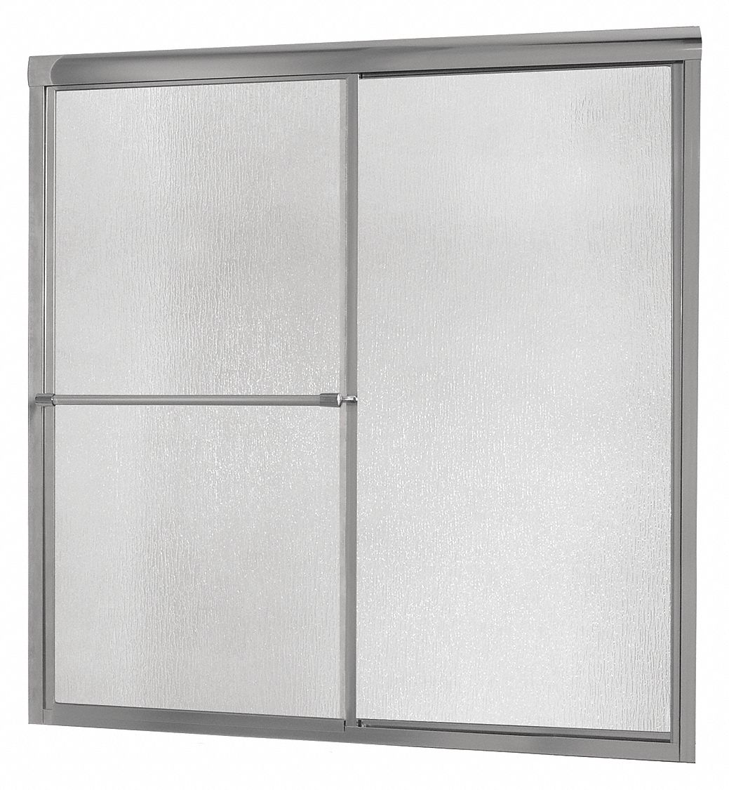 Tub Door: Framed, 58 in Overall Ht, Rain Tempered Glass, 3/16 in Glass Thick, Silver