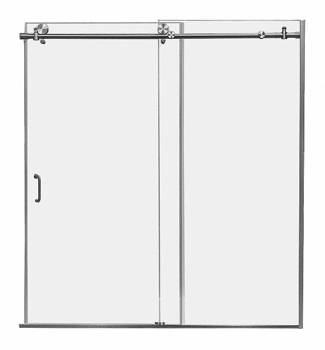 Tub Door: Frameless, 62 in Overall Ht, Clear Tempered Glass, 3/8 in Glass Thick, Silver