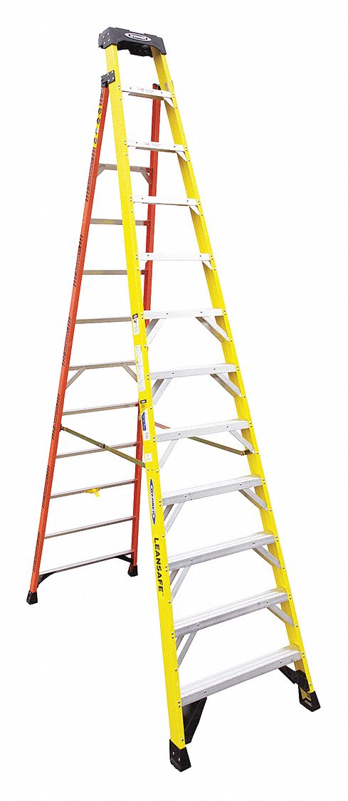 Stepladder: 12 ft Ladder Size, Fiberglass, 375 lb Load Capacity, 49 lb Wt, 9.5 ft Standing Ht