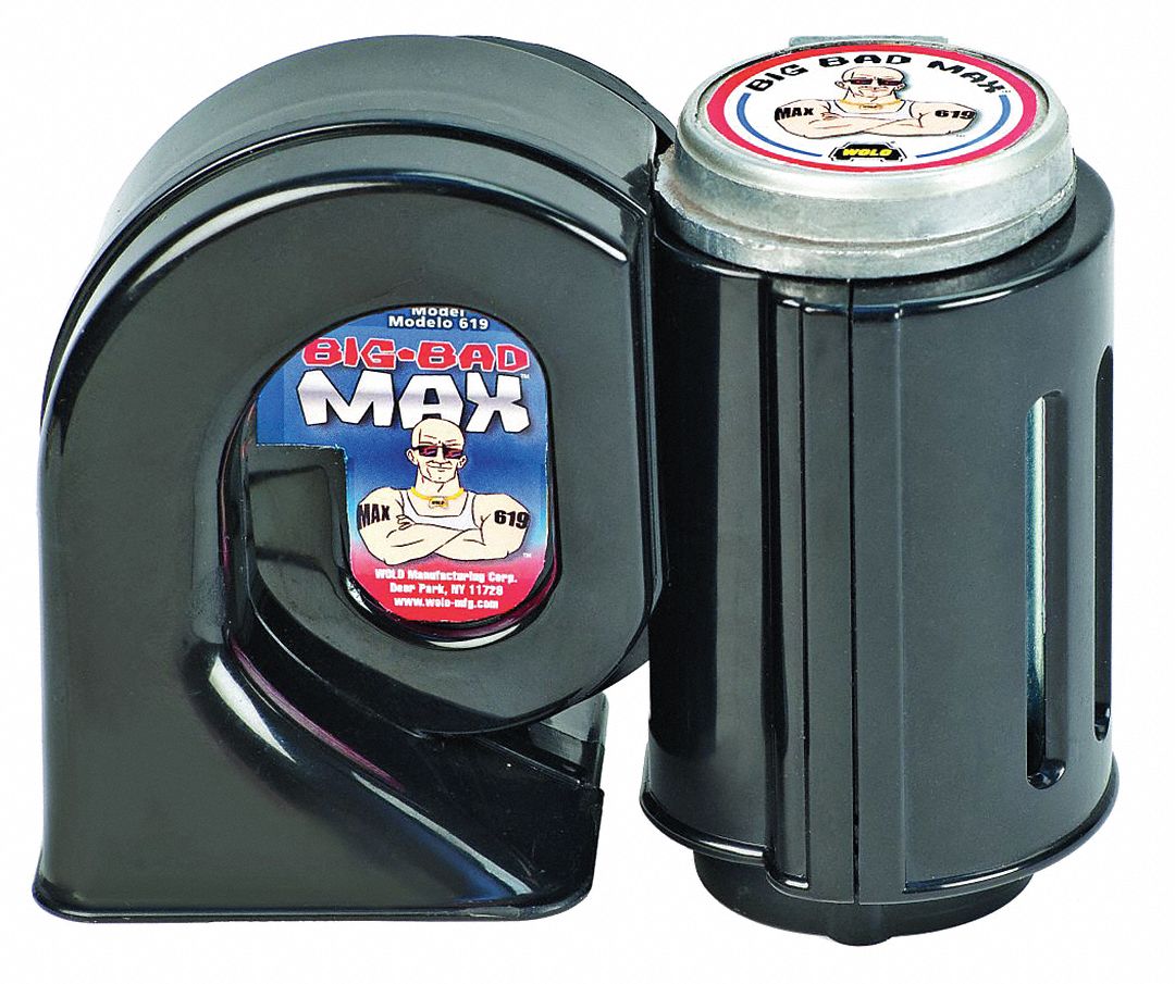 Air Horn: 12V DC, High Tone/Low Tone, Air, Black, Unfinished, 124 dB Sound Level - Max, 1 Horns