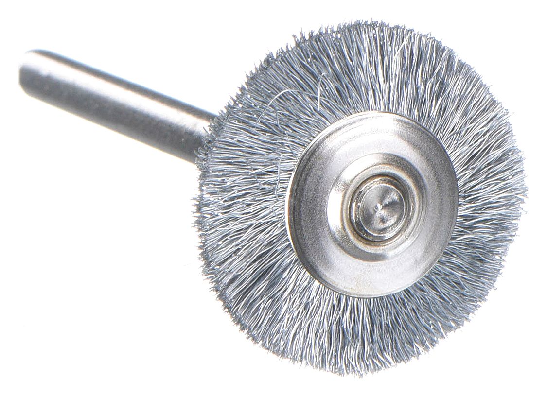Rotary Tool Brush: 3/4 in Brush Dia, Wheel Brush, Straight, Mounted, Carbon Steel, 2 PK