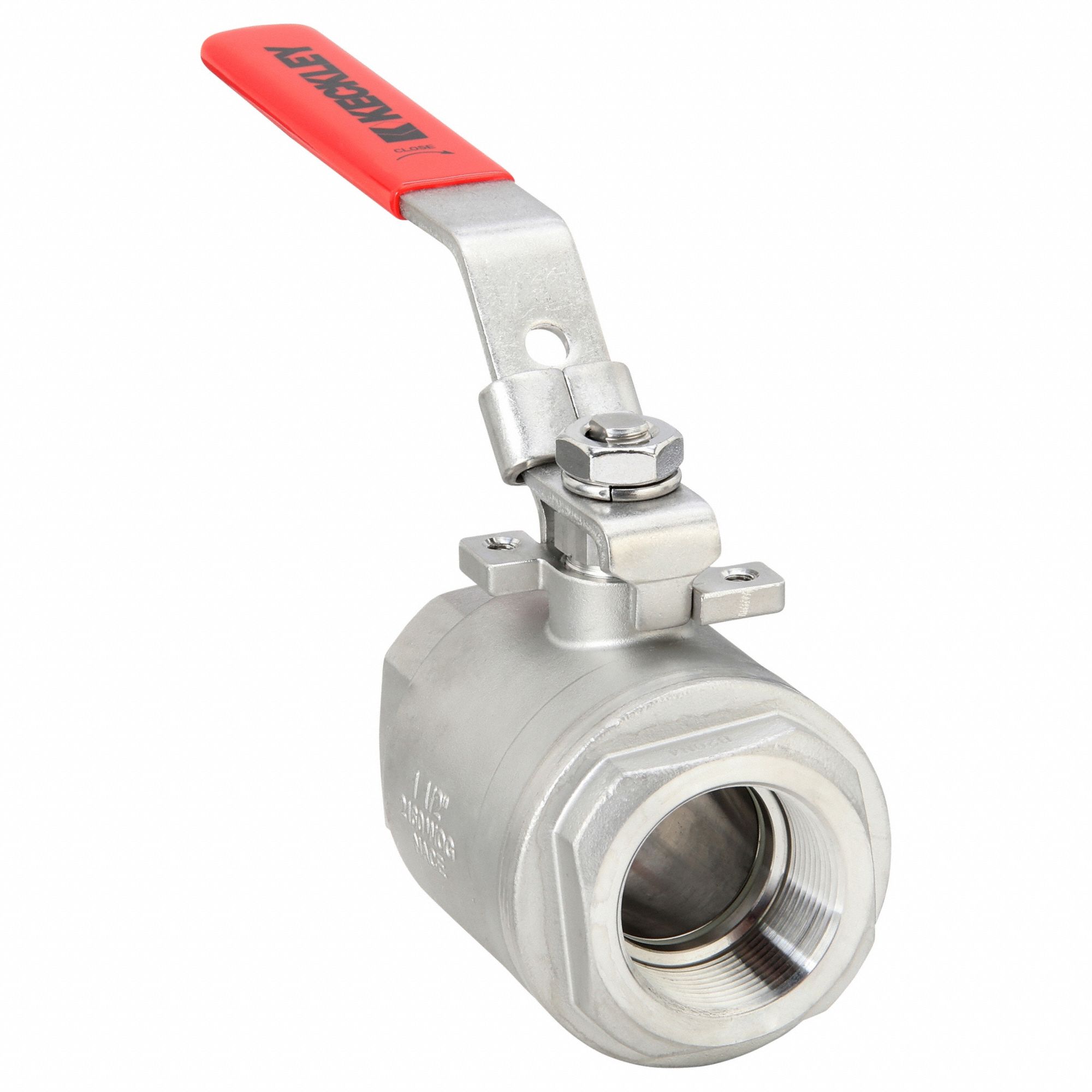 Manual Two-Way Ball Valve: 1 1/2 in, Stainless Steel, Straight, FNPT x FNPT, One-Piece