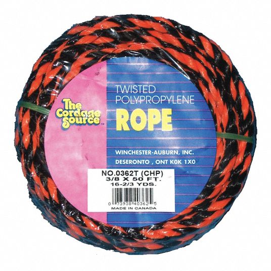 Rope,50ft,Blk/Orng,215lb.,Polyprpylne, Black 362T-WA