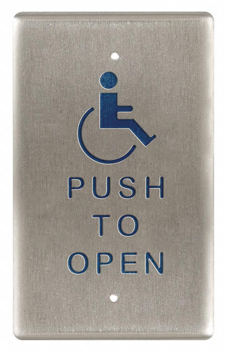 Exit Push Button: 4 1/2 in Ht, 5/8 in Dp, 2 3/4 in Wd, ADA Compliant, Aluminum/Stainless Steel
