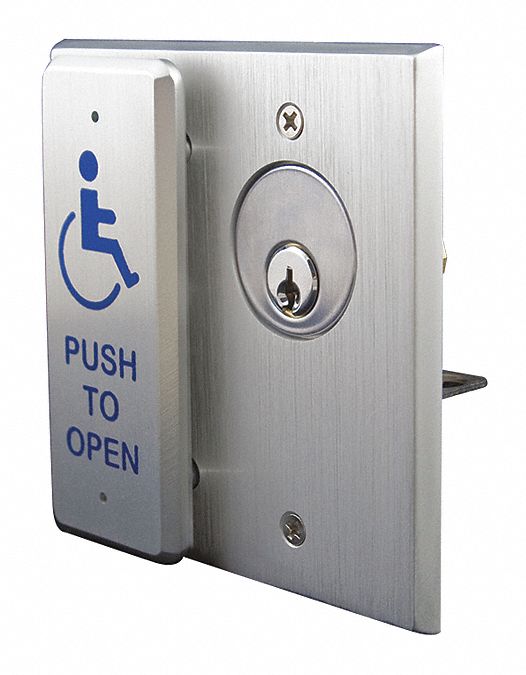 Exit Push Button: 4 1/2 in Ht, 5/8 in Dp, 4 1/2 in Wd, ADA Compliant, Aluminum, Gray