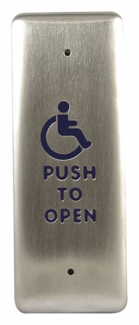 Exit Push Button: 4 1/2 in Ht, 5/8 in Dp, 1 3/4 in Wd, ADA Compliant, Aluminum/Stainless Steel