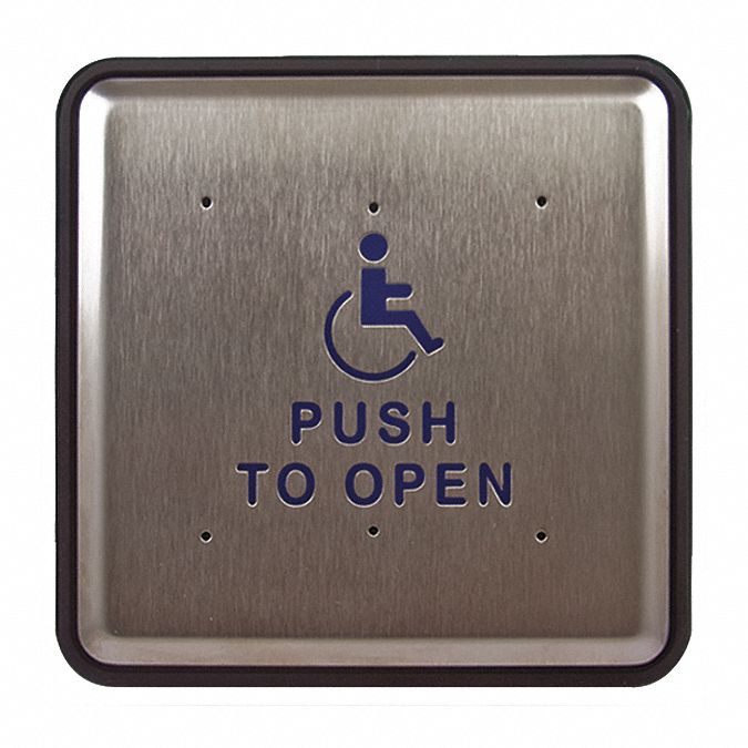 Exit Push Button: 6 in Ht, 5/8 in Dp, 6 in Wd, ADA Compliant, Aluminum/Stainless Steel, Gray