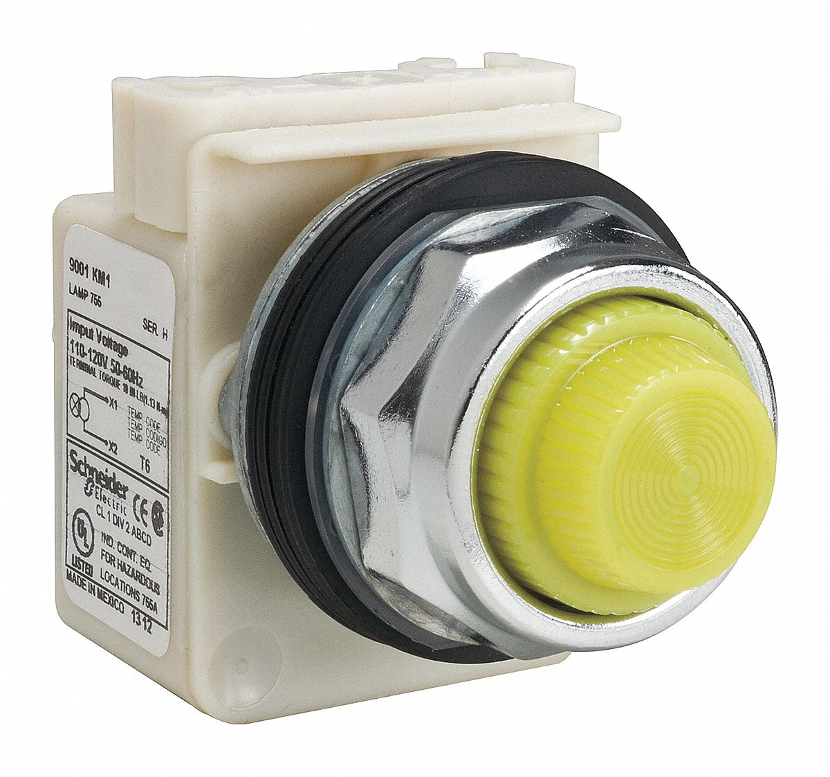 Pilot Light: 30 mm Panel Mounting Size, Yellow, Incandescent, 9001K Series