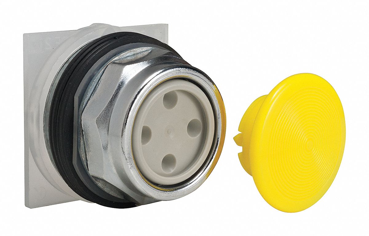 Mushroom Head Push Button: Yellow, 30 mm Mounting Size, Metallic, Momentary
