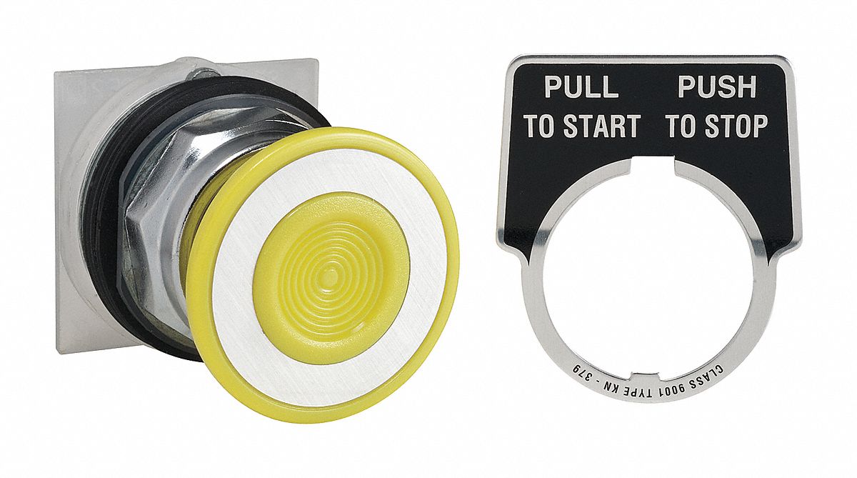 Mushroom Head Push Button: Yellow, 30 mm Mounting Size, Metallic, Maintained