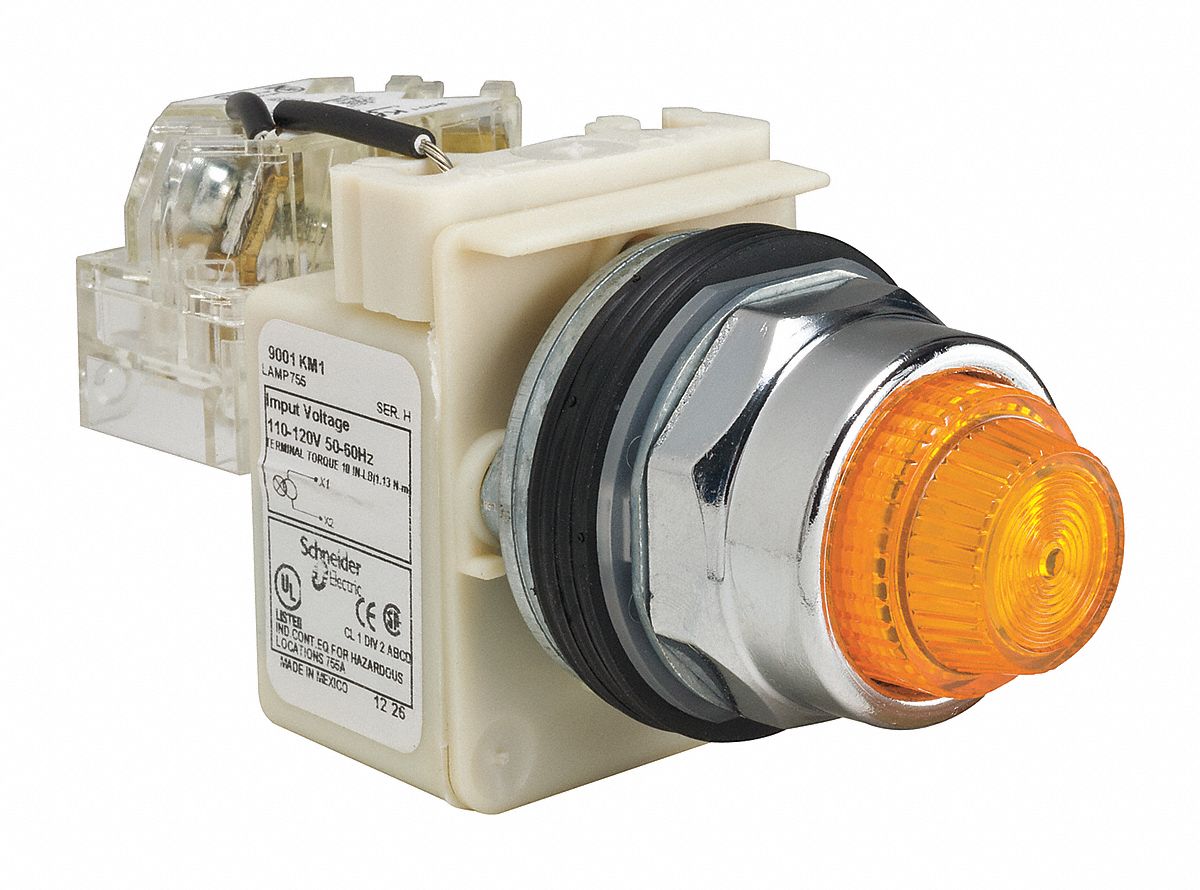 Pilot Light: 30 mm Panel Mounting Size, Amber, Incandescent, 9001K Series