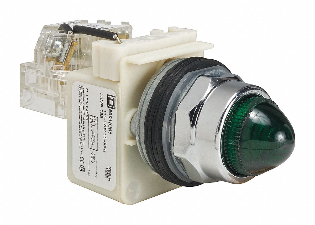 Pilot Light: 30 mm Panel Mounting Size, Green, Incandescent, 9001K Series