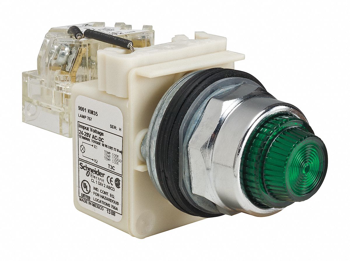 Pilot Light: 30 mm Panel Mounting Size, Green, Incandescent, 9001K Series