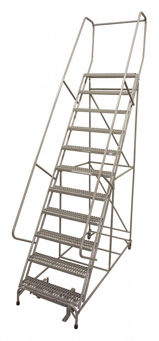 Rolling Ladder: 10 ft Platform Ht, Assembled, Steel, Manual Lock, Serrated, 32 in x 88 in