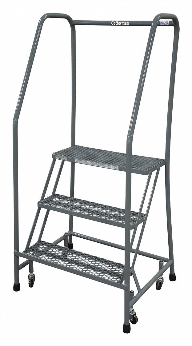 Rolling Ladder: 2.5 ft Platform Ht, Assembled, Steel, Wt-Actuated Auto-Lock, Antislip