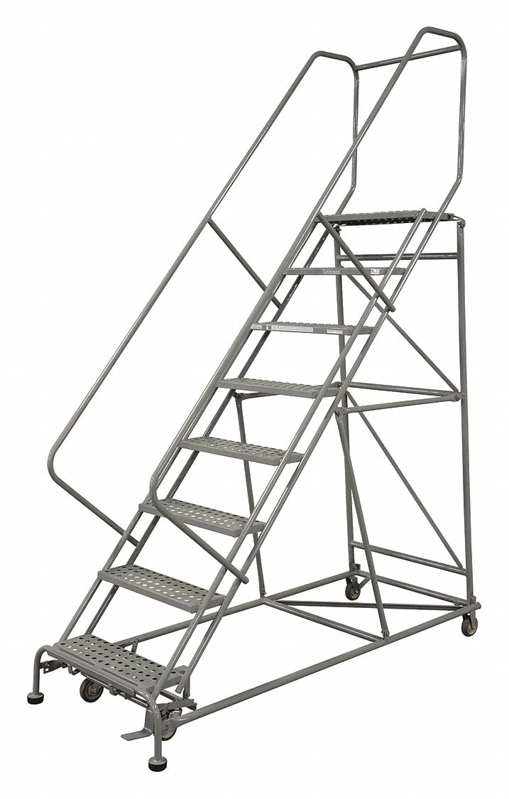 Rolling Ladder: 7.5 ft Platform Ht, Unassembled, Steel, Foot-Activated Step Lock